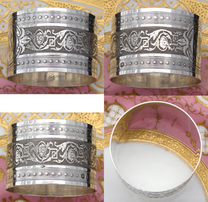 Antique French Sterling Silver 2" Napkin Ring, Ornate Scrolling Foliage, "AT” Monogram