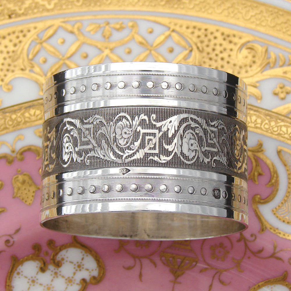 Antique French Sterling Silver 2" Napkin Ring, Ornate Scrolling Foliage, "AT” Monogram