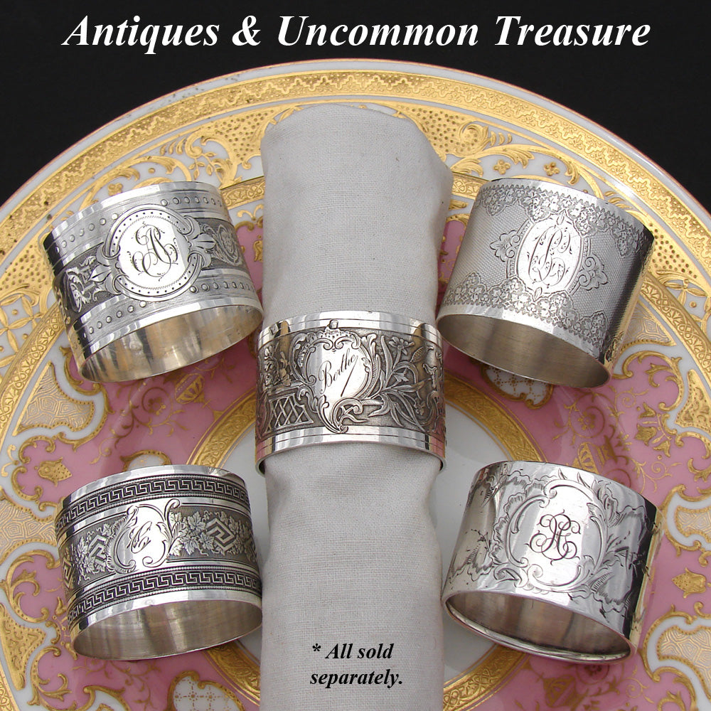 Antique French Sterling Silver 2" Napkin Ring, Ornate Scrolling Foliage, "AT” Monogram