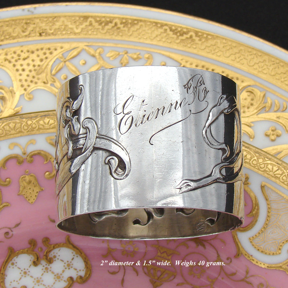 Lovely Antique French Art Nouveau Sterling Silver Napkin Ring, Sinuous Floral Decoration