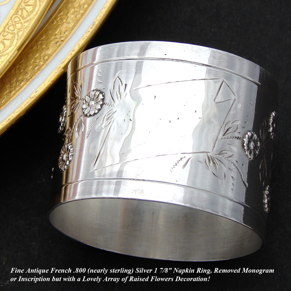 Antique French .800 (nearly sterling) Silver 1 7/8" Napkin Ring, Raised Floral Bas Relief
