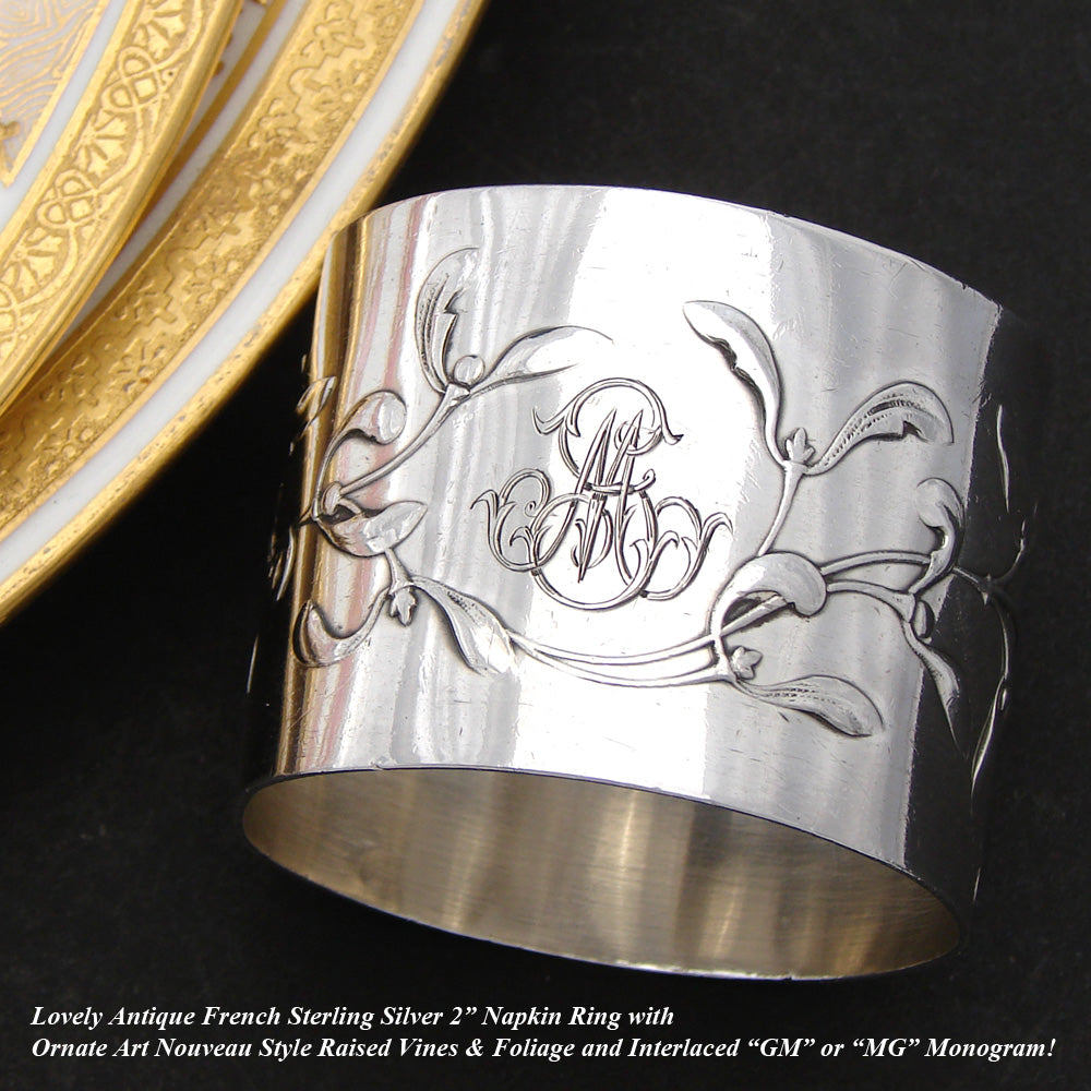 Antique French Art Nouveau Sterling Silver Napkin Ring, Sinuous Foliate Decoration