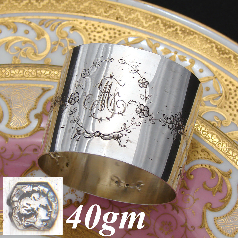 Antique French .800 (nearly sterling) Silver Napkin Ring, Floral & Foliate Garland Bas Relief