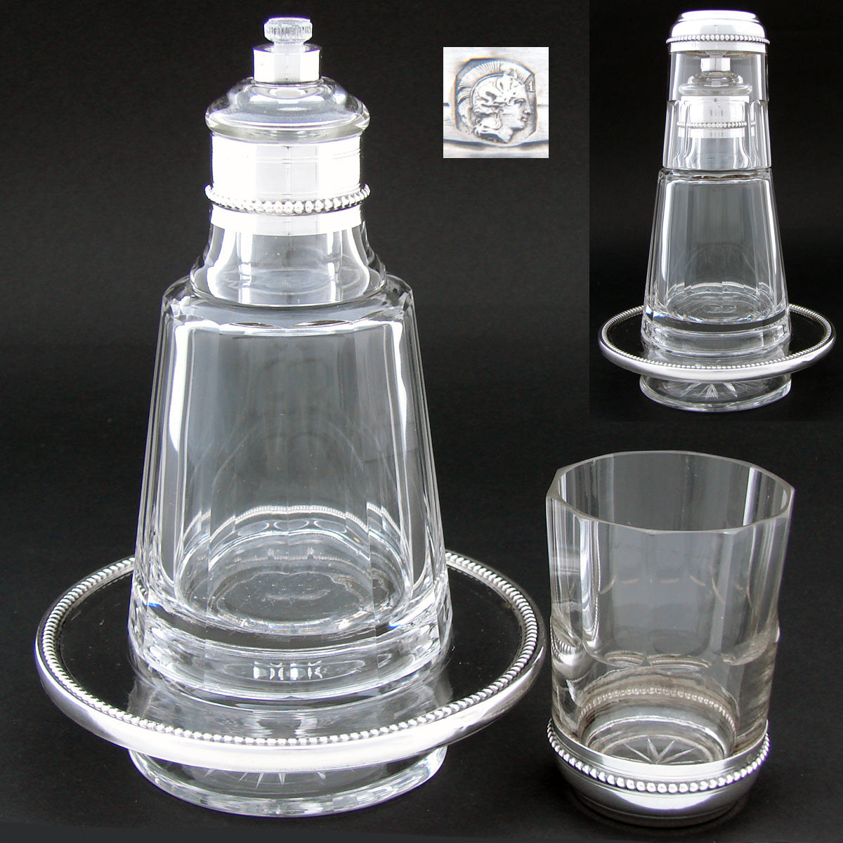 Antique French Sterling Silver Bonne Nuit 'Topper-up' Decanter Set w/ Cup, Flask & Tray