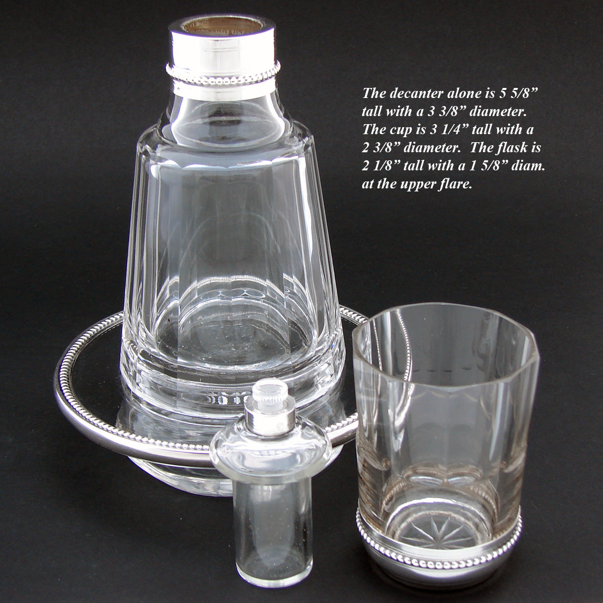 Antique French Sterling Silver Bonne Nuit 'Topper-up' Decanter Set w/ Cup, Flask & Tray