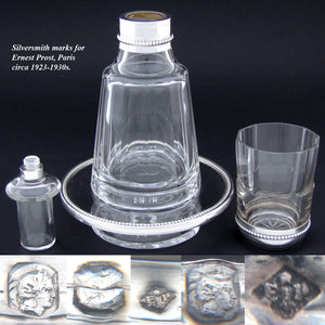 Antique French Sterling Silver Bonne Nuit 'Topper-up' Decanter Set w/ Cup, Flask & Tray