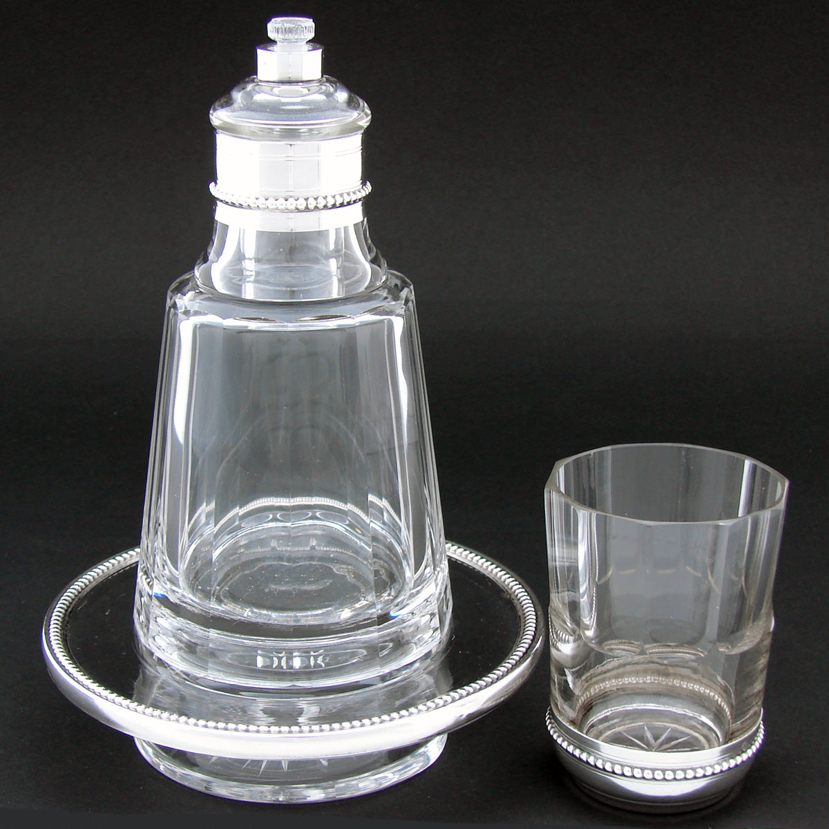 Antique French Sterling Silver Bonne Nuit 'Topper-up' Decanter Set w/ Cup, Flask & Tray