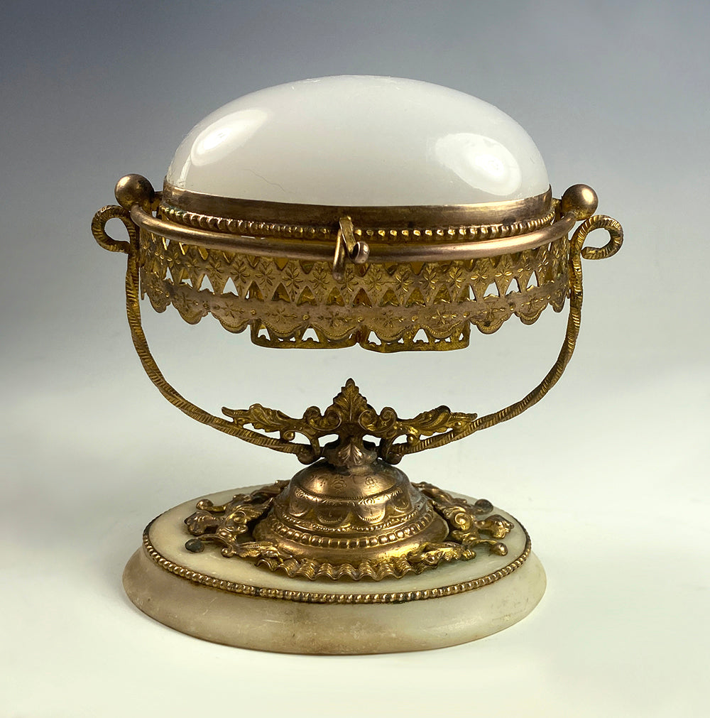 Antique French Opaline Glass & Ormolu Double Scent Caddy, Perfume Box, Egg-Shape