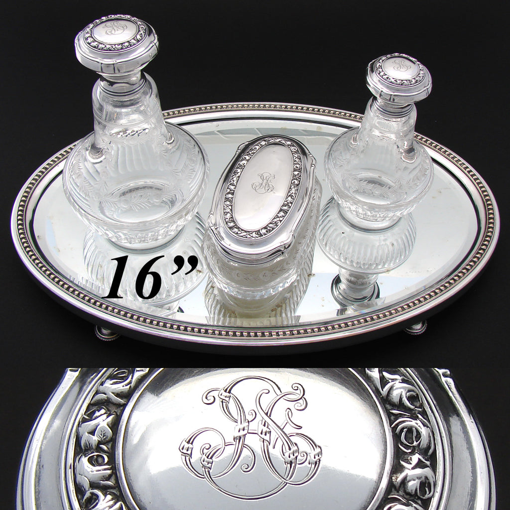 Antique French Sterling Silver & Etched Glass 4pc Vanity Set: Two Perfumes, Jar & 16" SP Tray