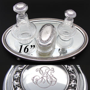 Antique French Sterling Silver & Etched Glass 4pc Vanity Set: Two Perfumes, Jar & 16" SP Tray