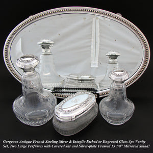 Antique French Sterling Silver & Etched Glass 4pc Vanity Set: Two Perfumes, Jar & 16" SP Tray