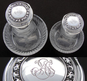 Antique French Sterling Silver & Etched Glass 4pc Vanity Set: Two Perfumes, Jar & 16" SP Tray