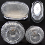 Antique French Sterling Silver & Etched Glass 4pc Vanity Set: Two Perfumes, Jar & 16" SP Tray