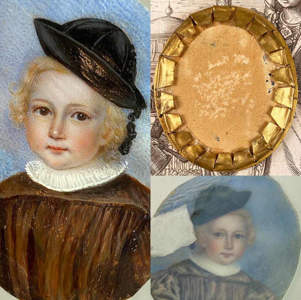 Darling Antique Germany Portrait Miniature of a Beautiful Blond Child in a Coat and Hat