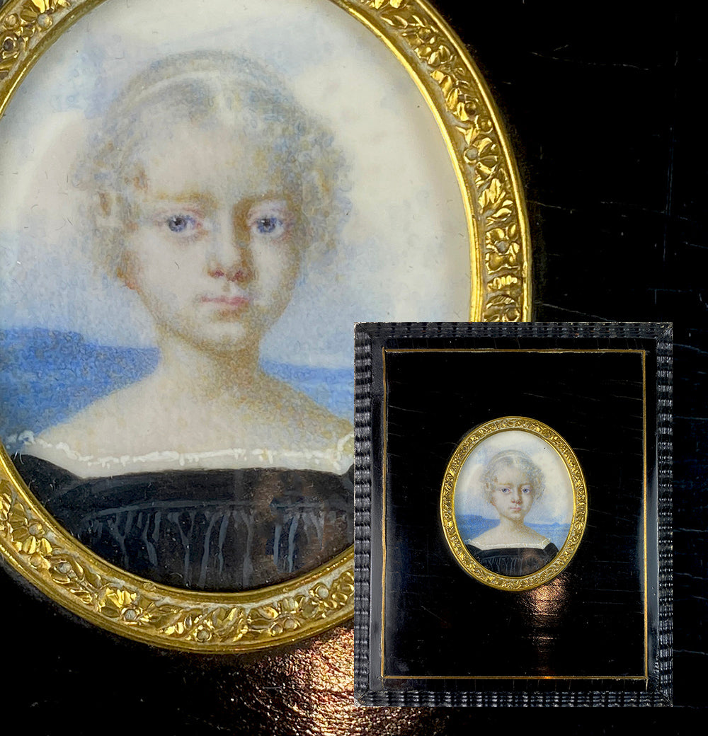 Antique c.1830s French Portrait Miniature of a Child, Young Blond Girl, Louis-Philippe Era