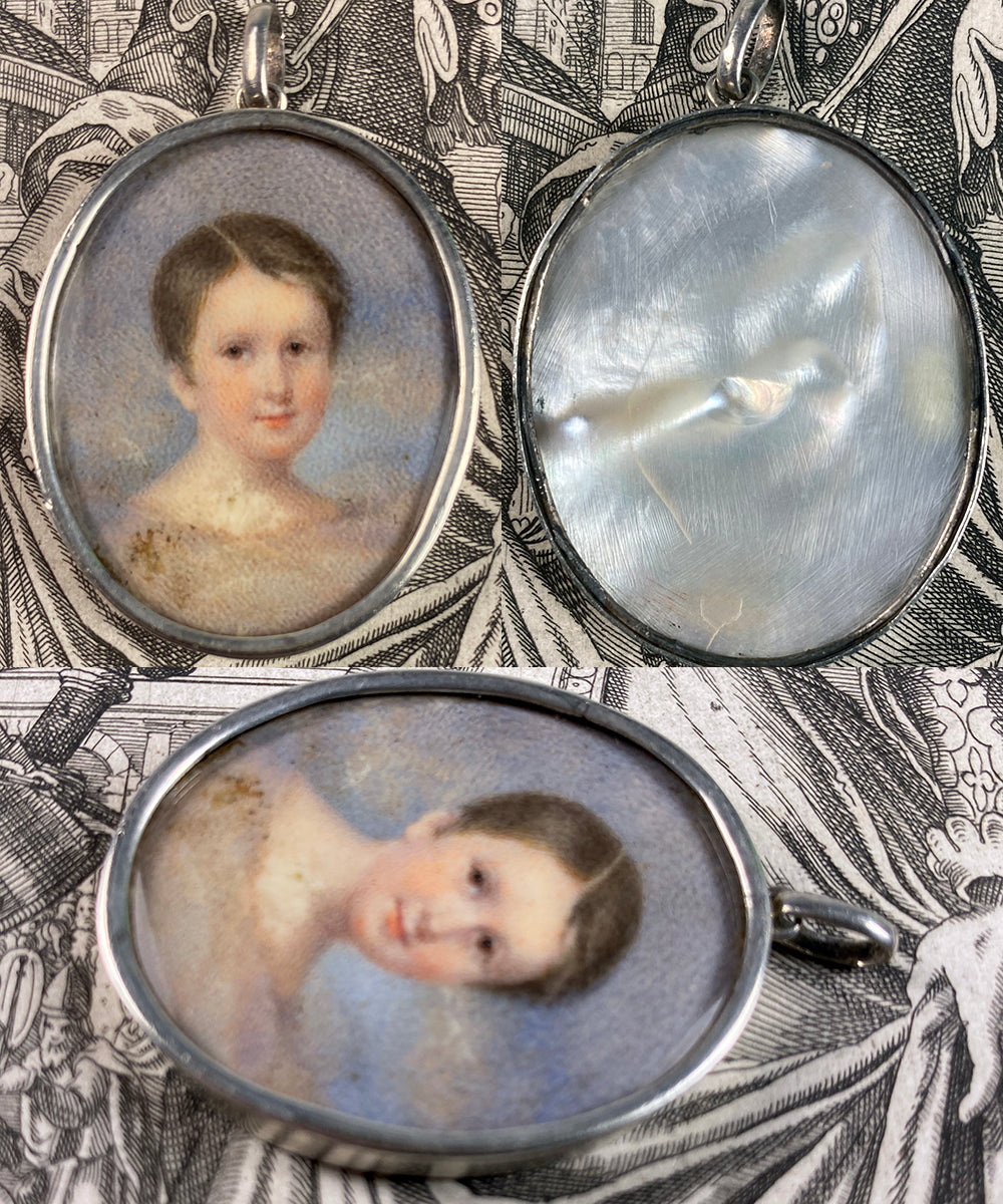 Antique Portrait Miniature of a Child, Young Boy in Sterling Silver Locket Pendant Frame