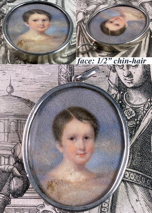 Antique Portrait Miniature of a Child, Young Boy in Sterling Silver Locket Pendant Frame