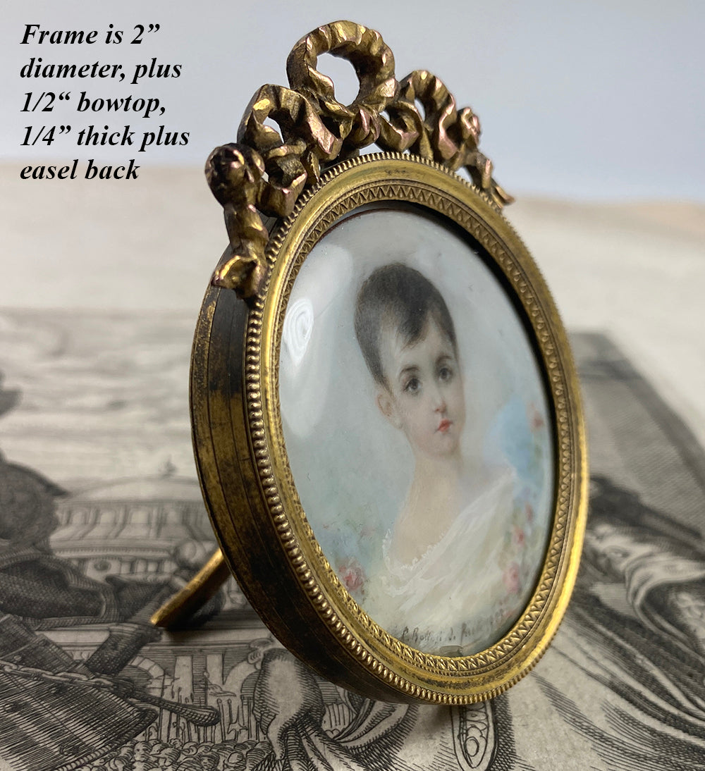 Beautiful Child Portrait Miniature, Antique French Bow Top Frame, Signed by Artist, 1909