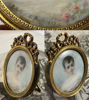 Beautiful Child Portrait Miniature, Antique French Bow Top Frame, Signed by Artist, 1909