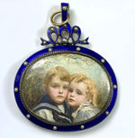 Mourning? Double Portrait Miniature Pendant, Child, Blond Boy and Girl, Locks of Hair