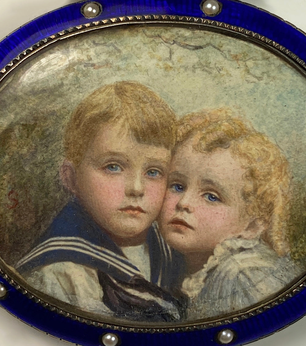 Mourning? Double Portrait Miniature Pendant, Child, Blond Boy and Girl, Locks of Hair