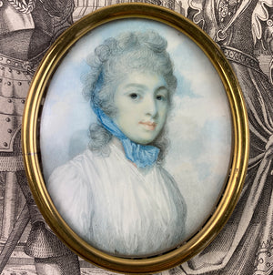 Fine 18th Century English Portrait Miniature, 1" face, Frame has 14k Gold Face Plaque on Brass