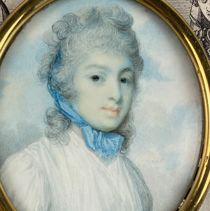 Fine 18th Century English Portrait Miniature, 1" face, Frame has 14k Gold Face Plaque on Brass