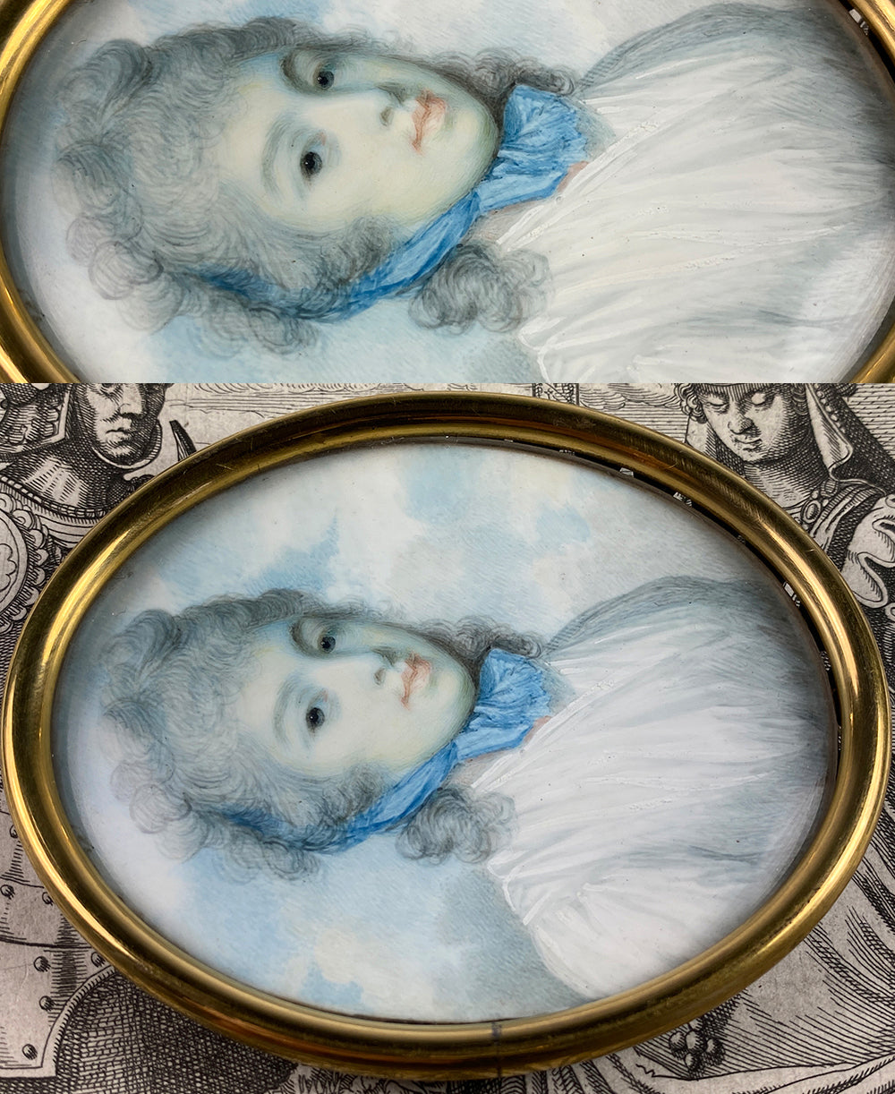 Fine 18th Century English Portrait Miniature, 1" face, Frame has 14k Gold Face Plaque on Brass