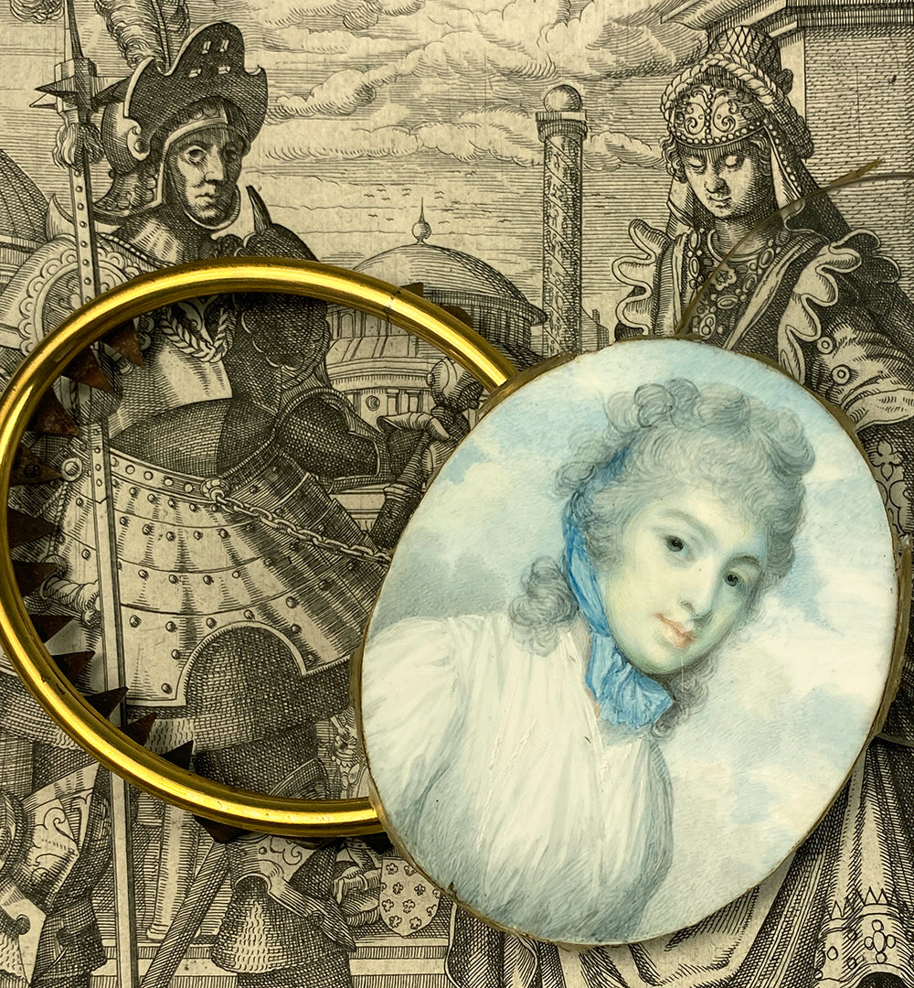 Fine 18th Century English Portrait Miniature, 1" face, Frame has 14k Gold Face Plaque on Brass