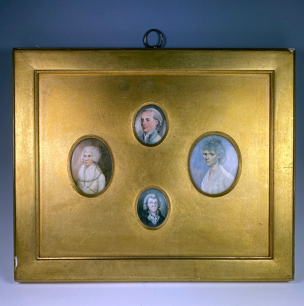 Framed Group of 4 18th Century English Family Portrait Miniatures Mounted in One Frame