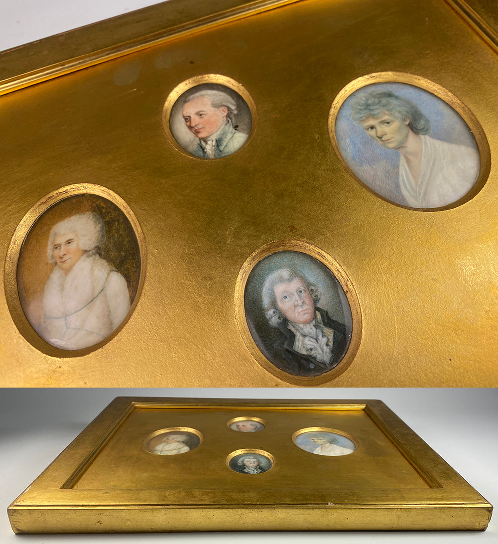 Framed Group of 4 18th Century English Family Portrait Miniatures Mounted in One Frame