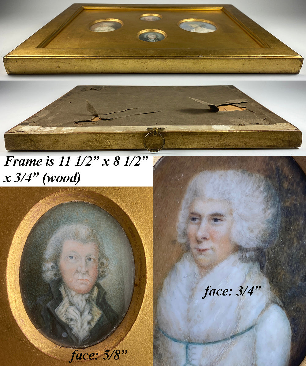 Framed Group of 4 18th Century English Family Portrait Miniatures Mounted in One Frame