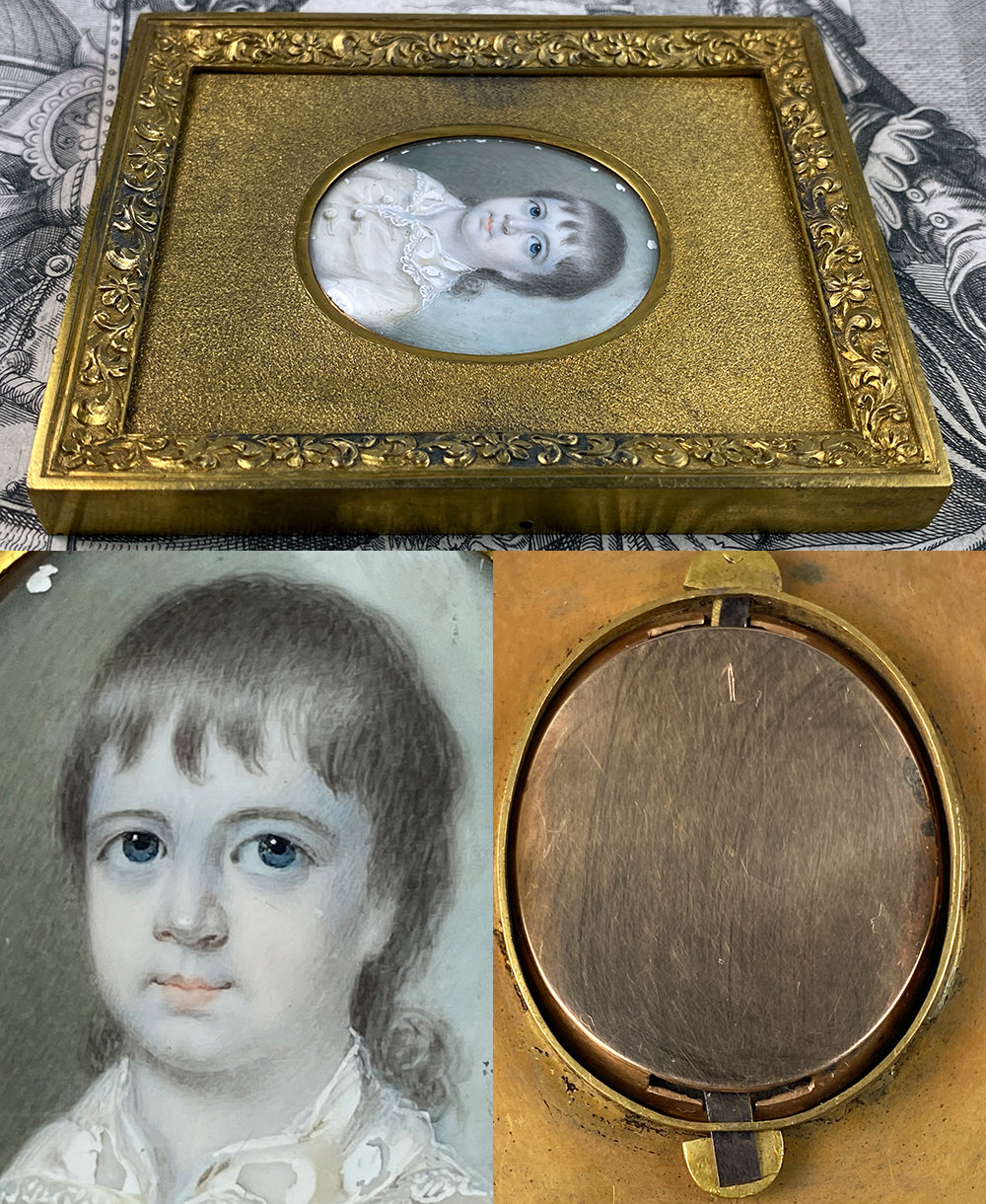 Fine Antique Georgian English Child Portrait Miniature 18k Bracelet Clasp in Unique Frame