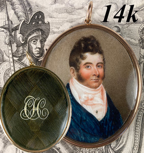 Rare c.1830s French Portrait Miniature, Hair Art with Seed Pearls, 14k Gold Large Frame