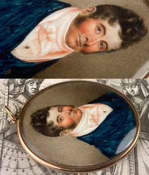 Rare c.1830s French Portrait Miniature, Hair Art with Seed Pearls, 14k Gold Large Frame