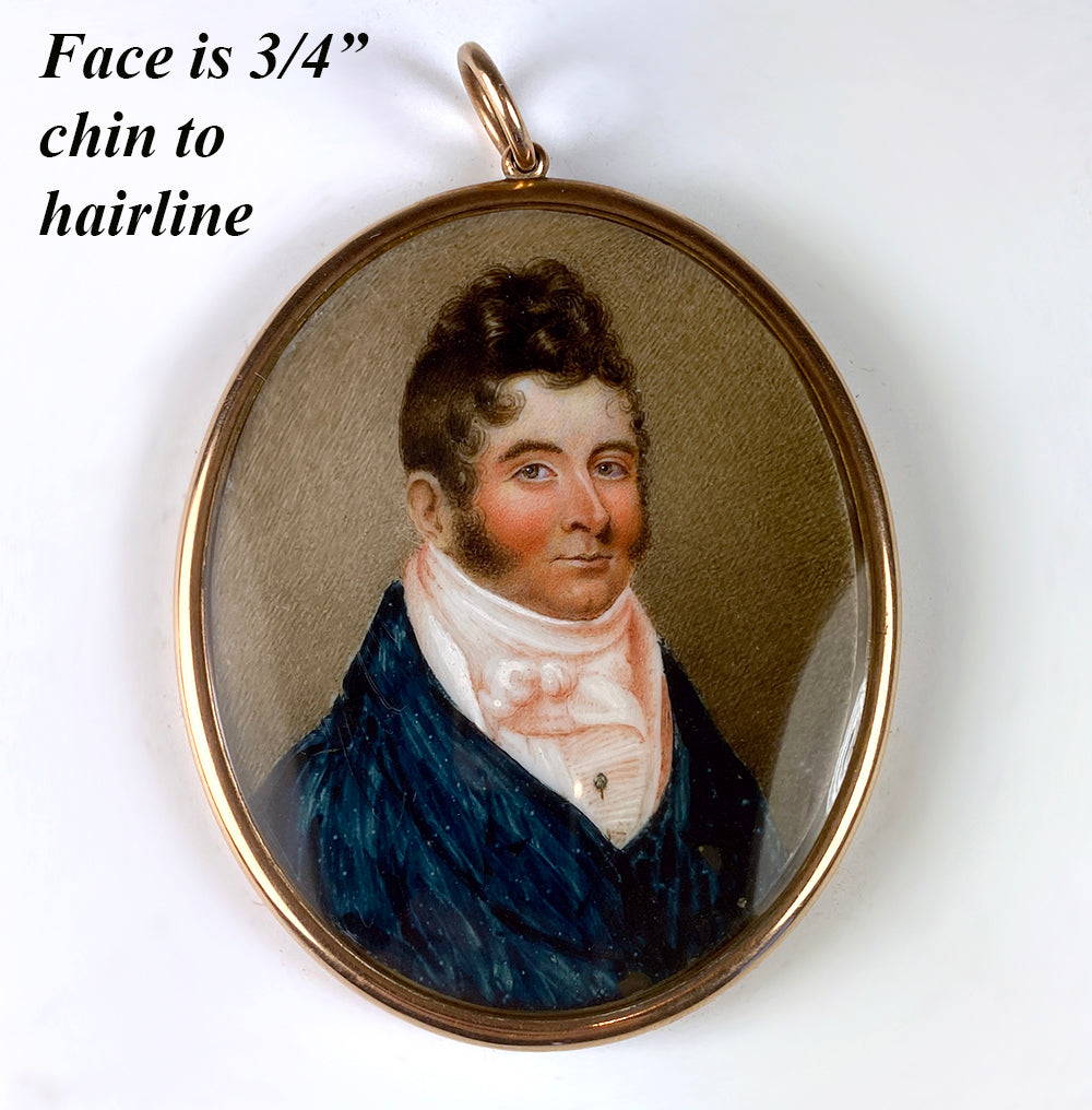 Rare c.1830s French Portrait Miniature, Hair Art with Seed Pearls, 14k Gold Large Frame