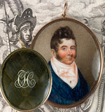 Rare c.1830s French Portrait Miniature, Hair Art with Seed Pearls, 14k Gold Large Frame