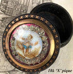 Petit Antique French Snuff or Patch Box, Tortoise Shell with 18k Gold Pique, Portrait Miniature, Diamonds