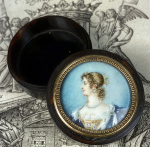 Tiny Antique French Portrait Miniature Patch Box, 1 3/4" Diameter Tortoise Shell Boite a Mouche, Beauty with Crown