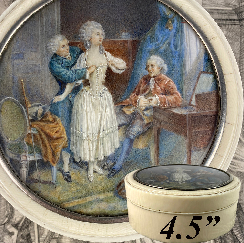 Large 4.5" Antique French Powder or Table Snuff Box in Ivory, Miniature Portrait, "Naughty" Painting