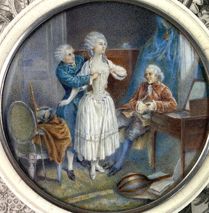 Large 4.5" Antique French Powder or Table Snuff Box in Ivory, Miniature Portrait, "Naughty" Painting