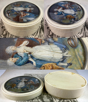 Large 4.5" Antique French Powder or Table Snuff Box in Ivory, Miniature Portrait, "Naughty" Painting