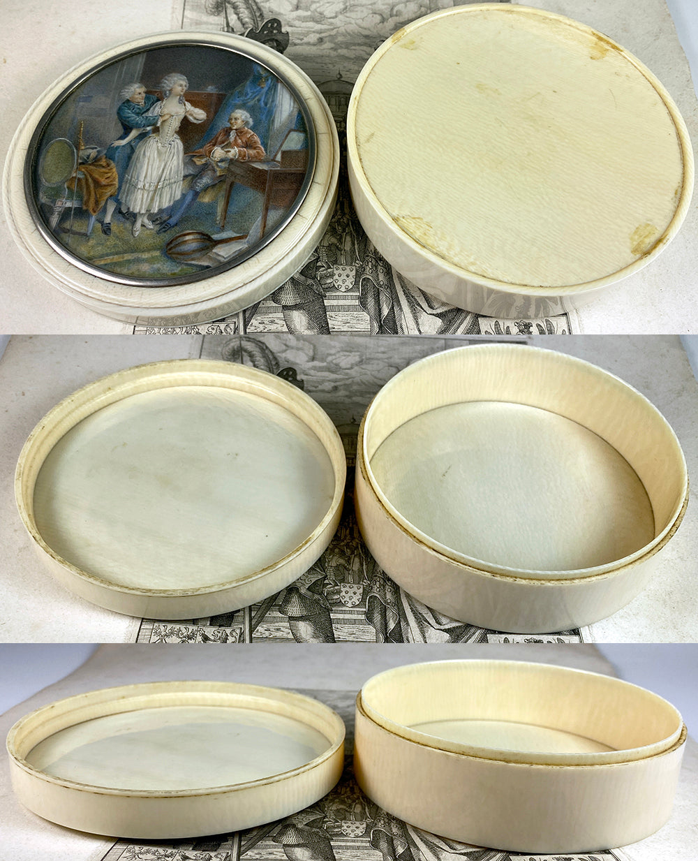 Large 4.5" Antique French Powder or Table Snuff Box in Ivory, Miniature Portrait, "Naughty" Painting