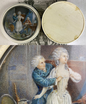 Large 4.5" Antique French Powder or Table Snuff Box in Ivory, Miniature Portrait, "Naughty" Painting