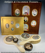 RARE Antique French Vanity Mirror, Brush in Ivory, HP Miniature Portrait Paintings, Romantic Era, 19th C.