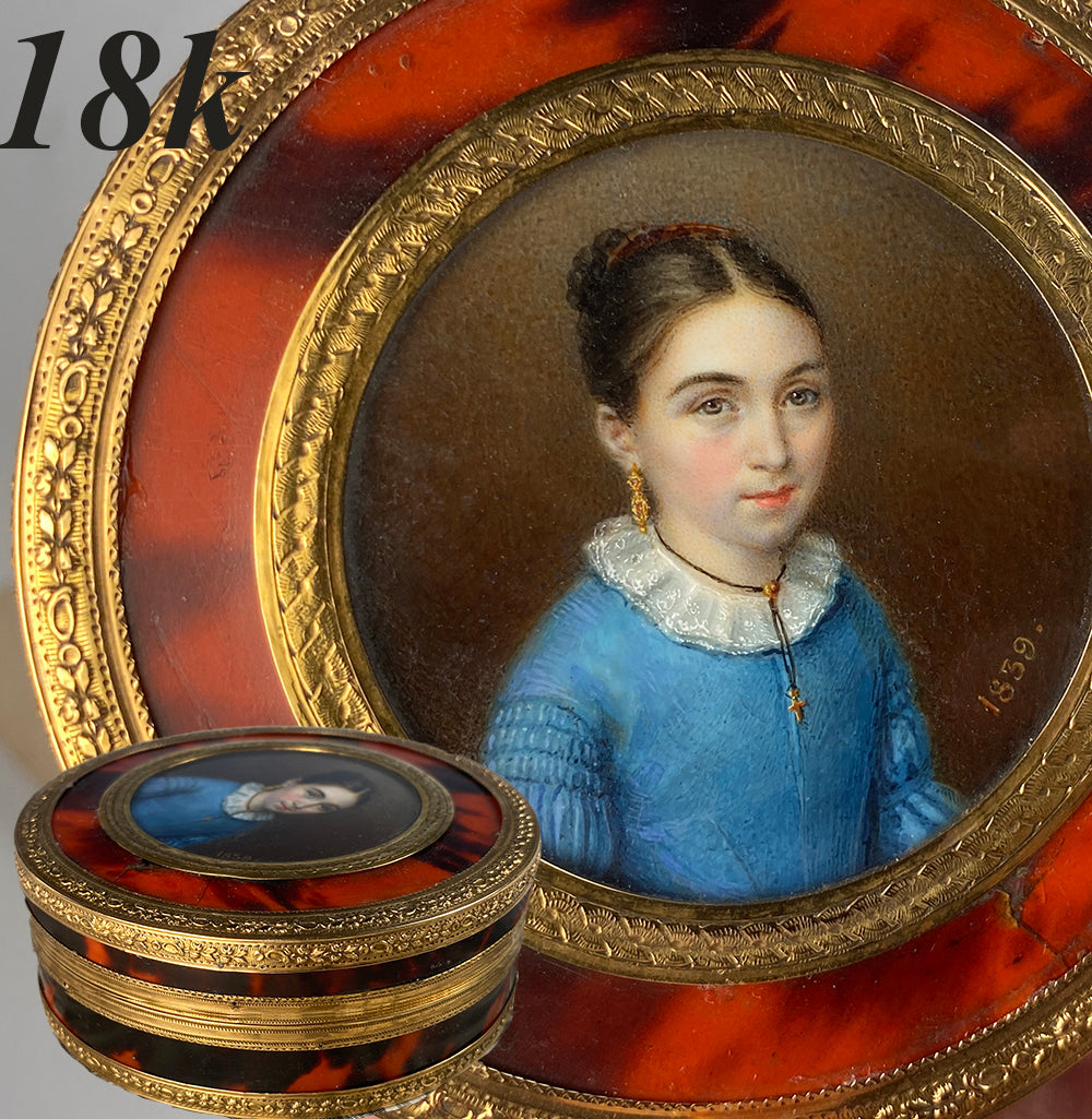 RARE Antique c.1839 Child Portrait Miniature Snuff Box, Heavy 18k Gold Bands on Tortoise Shell