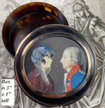 Antique Tortoise Shell 14K Mount Snuff Box, Portrait Miniature Couple, Military Uniform