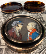 Antique Tortoise Shell 14K Mount Snuff Box, Portrait Miniature Couple, Military Uniform