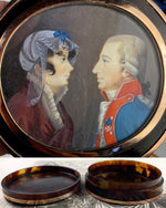 Antique Tortoise Shell 14K Mount Snuff Box, Portrait Miniature Couple, Military Uniform