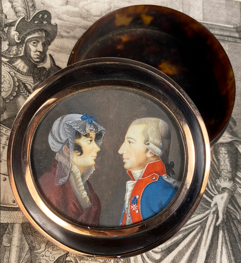 Antique Tortoise Shell 14K Mount Snuff Box, Portrait Miniature Couple, Military Uniform